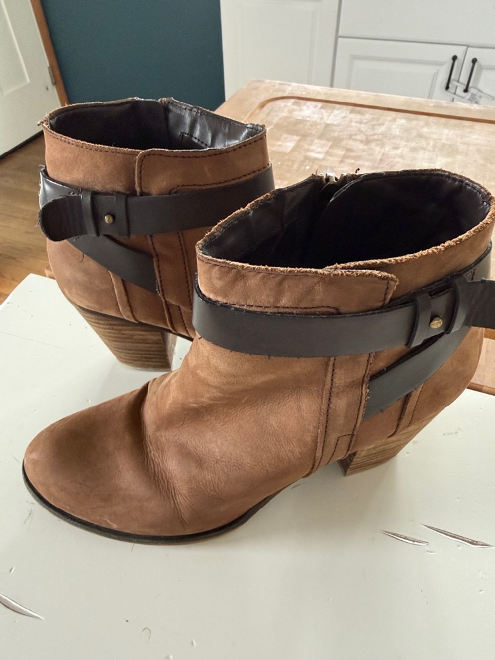 Franco Sarto Tan Leather Ankle Booties with Dark Brown Strap